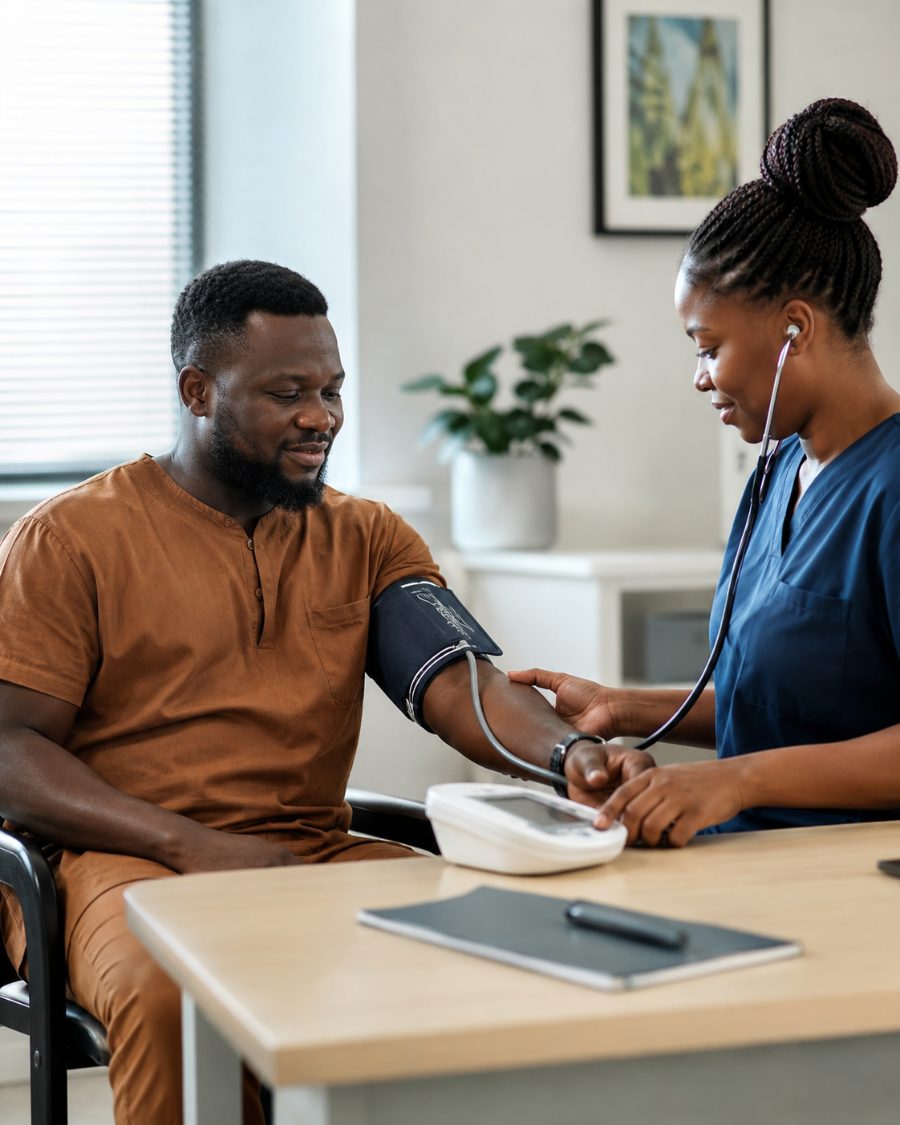 A nurse checking a patient's blood pressure during a general medicine consultation
