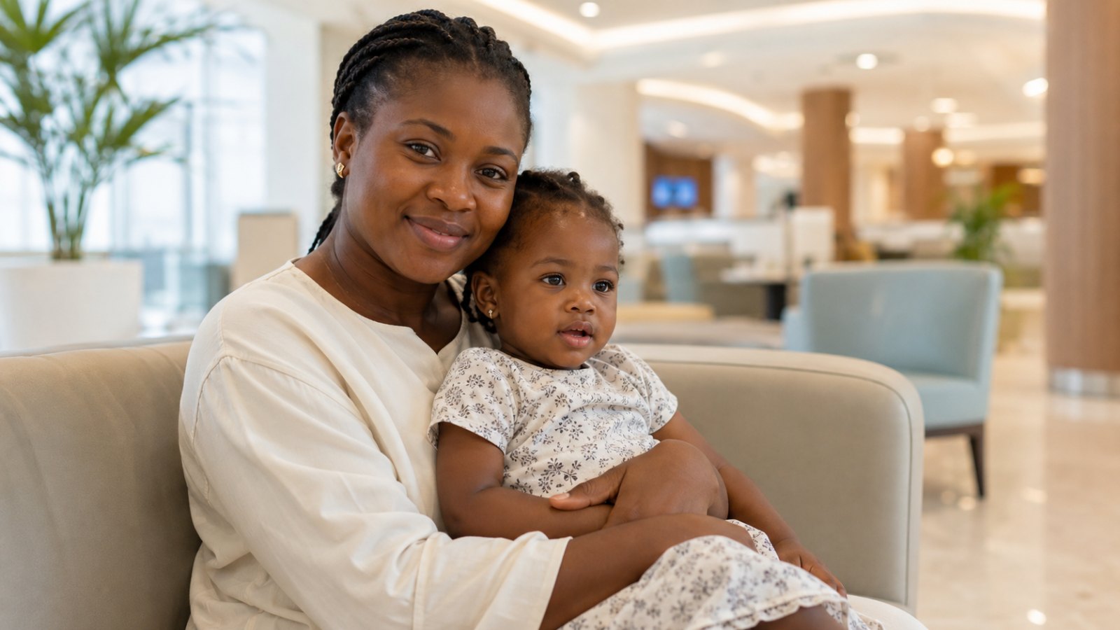 A Nigerian mother holding her young child in a calm, modern hospital lounge at Nuga Hospitals