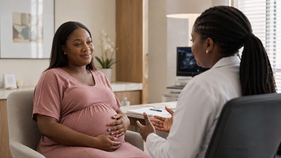 A pregnant woman speaking with a healthcare professional during an antenatal consultation