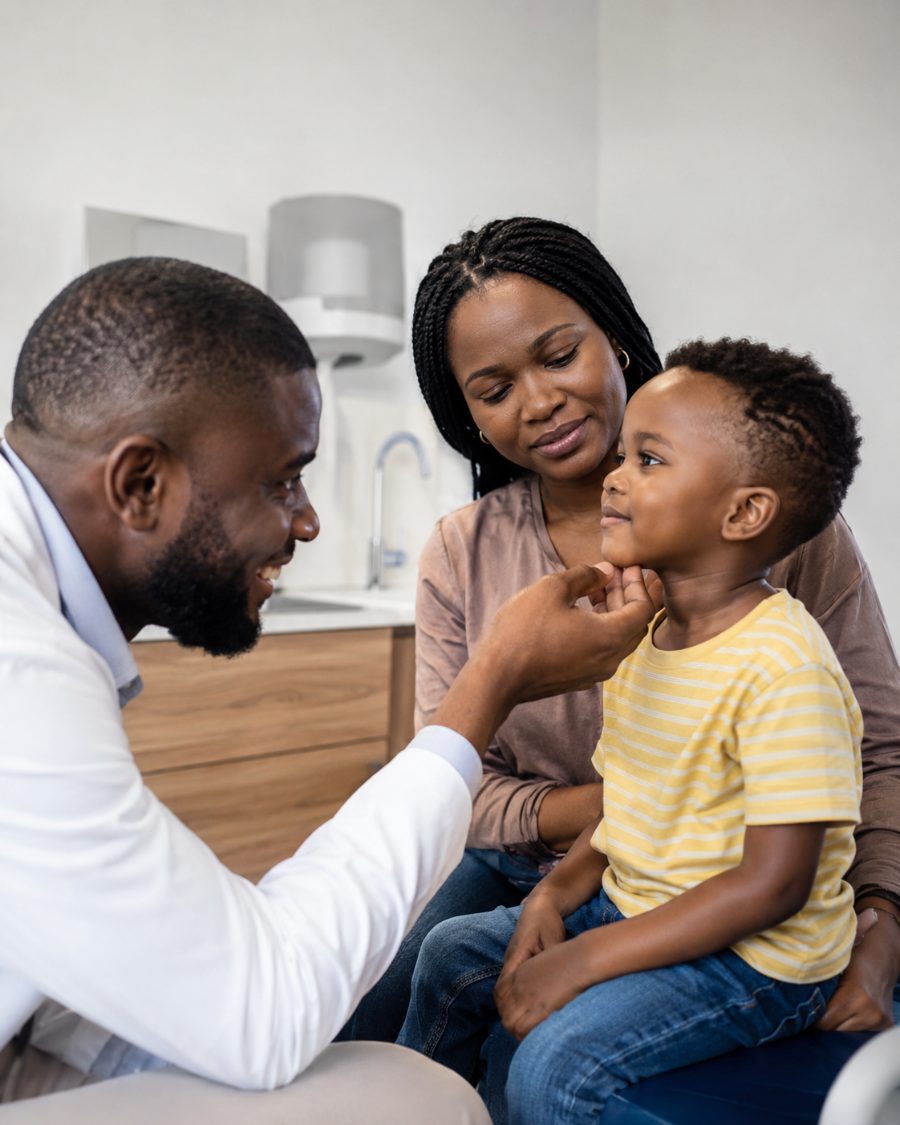 A child sitting with a parent during a friendly paediatric consultation